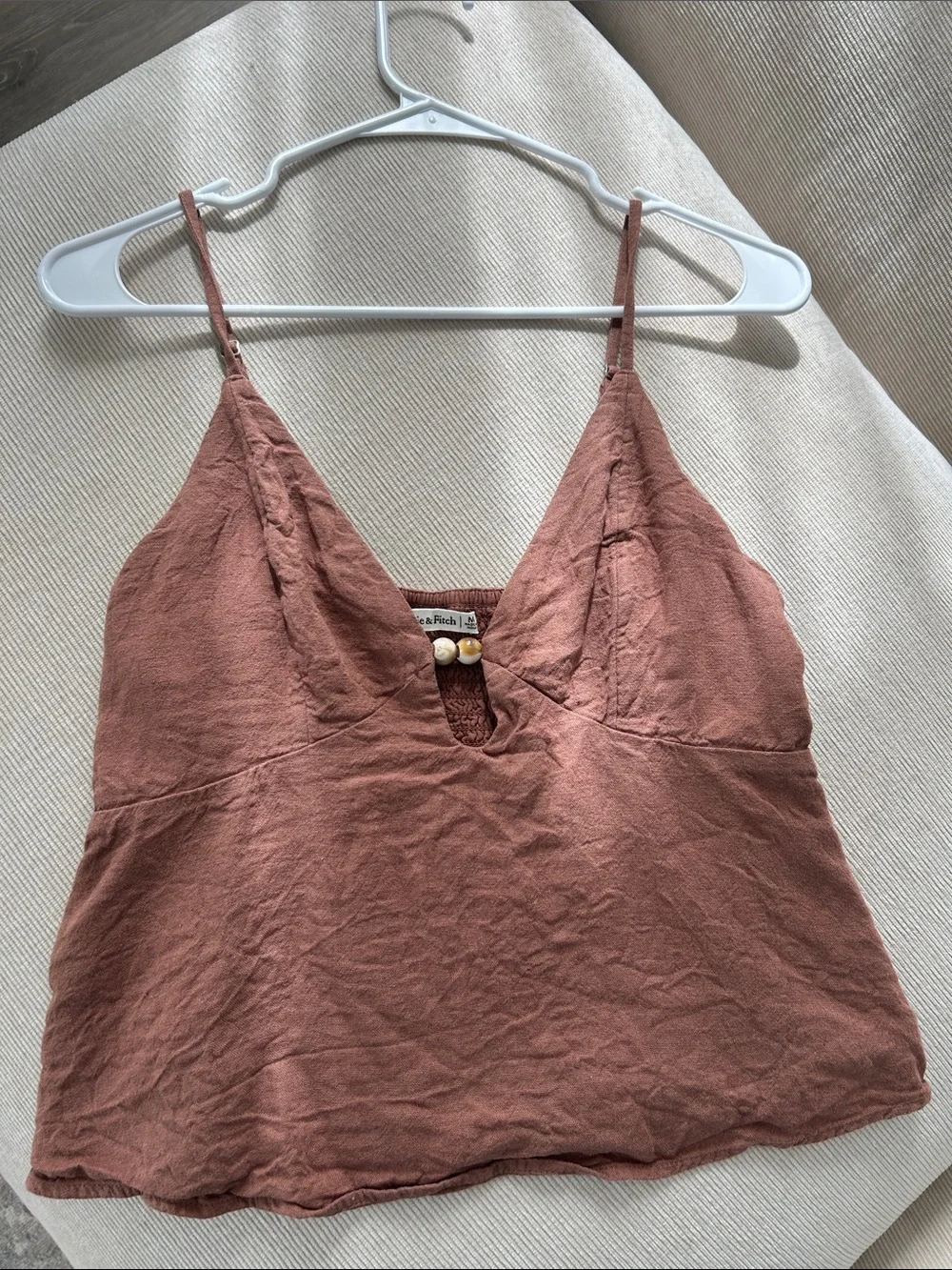 Women's Brown Linen-Cotton V-Neck Cami Top